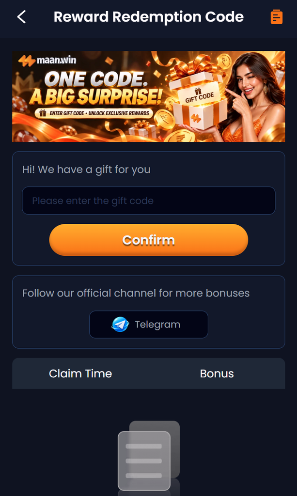 Maan Win Gift Code Redemption and Bonus Box Screen