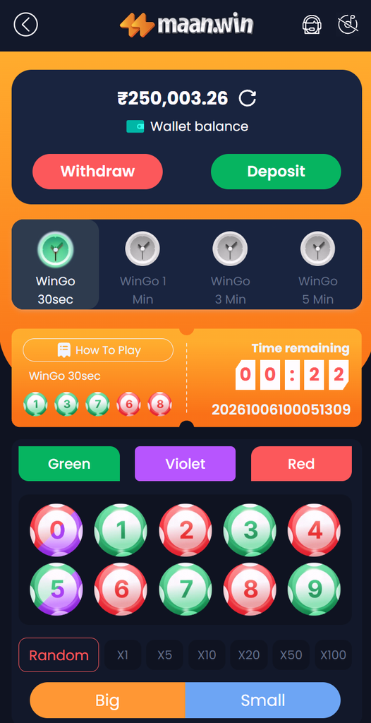 Maan Win Wingo Number Selection and Rules Screen